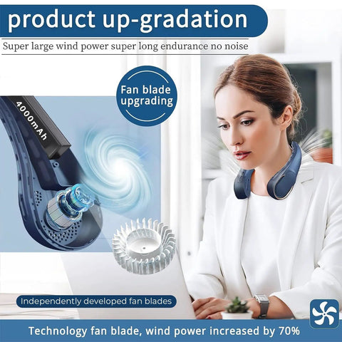 Woman using Bladeless Neck Fan With 4000mAh USB Rechargeable Battery 3 Speeds Ultra Quiet Personal Cooler at work.