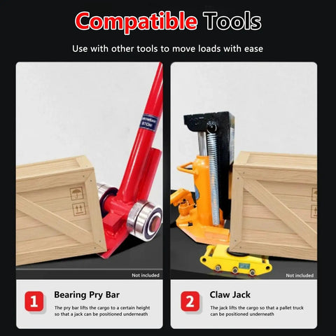 Two compatible tools for Heavy Duty Equipment Mover Dolly Built Like A Tank: a Bearing Pry Bar and Claw Jack for heavy lifting.