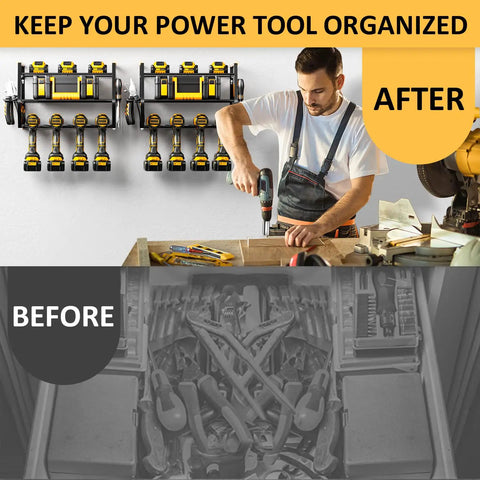 Power Tool Organizer Wall Mount For Garage Storage displayed in use, showing organized tools after installation with a before-and-after view