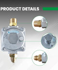 Front view of a 1/2-inch gas pressure regulator with two brass 1/2-inch NPT adapters, metal body.