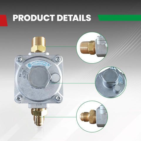 Front view of a 1/2-inch gas pressure regulator with two brass 1/2-inch NPT adapters, metal body.