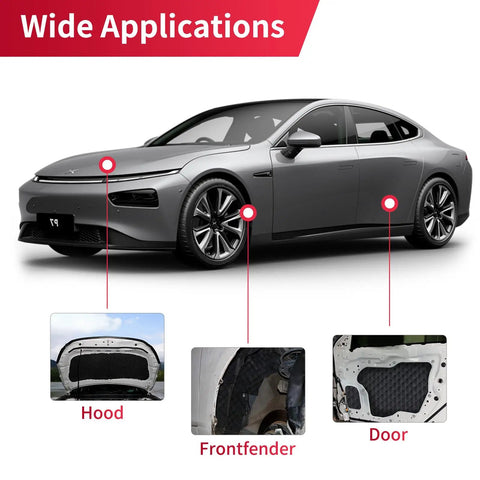 Professional Grade Self Adhesive Acoustic Foam Panels With Egg Crate Wave Design For Straight Fire Sound Dampening In Recording Studios Home Theaters And Car Doors with examples on car hood, fender, and door.