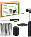 6 Inch Garden Stakes Kit With 100 Heavy Duty Staples, 100 Protective Gaskets, Pick Hook And Rubber Mallet For Easy Landscape