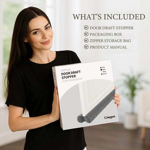 Door draft stopper packaging by Ciieyuo; two gray foam tubes for universal under-door seal