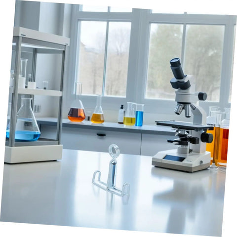 25 Piece Laboratory Rubber Tube Clamps for Flow Control on lab countertop with microscope and beakers in background
