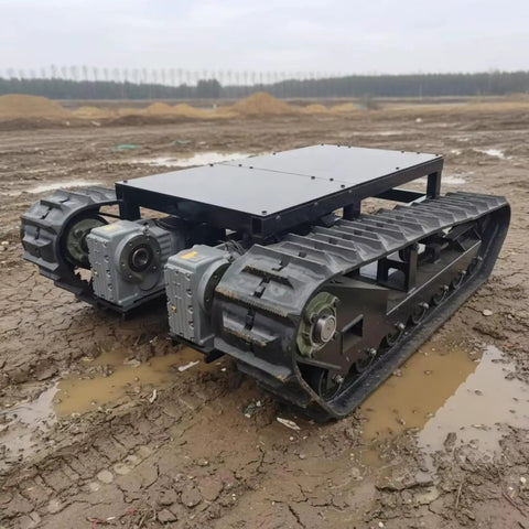 Heavy Duty Self Propelled Machinery Moving Dolly With Remote Control For Industrial Equipment Transport Workhorse Grade Skates on muddy terrain.