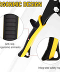 Close-up of ergonomic grip on 2-Piece 5-Blade Hand Crimper For Sheet Metal And Gutter, showing anti-slip armrests and safety rope