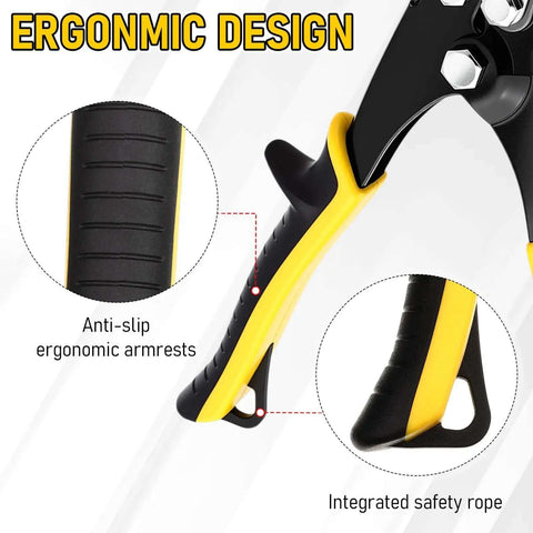 Close-up of ergonomic grip on 2-Piece 5-Blade Hand Crimper For Sheet Metal And Gutter, showing anti-slip armrests and safety rope