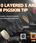10-layered pigskin tip with durability features for Carbon Fiber Pool Cue Shaft 29 Inches With Low Deflection And Pro Taper Keeps Your Stroke On Point Five Sixteenth By Eighteen Thread Lightweight Three Point Five To Four Ounces Built Tough And Dead Straight For Smoother Game Ready Strokes.