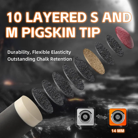 10-layered pigskin tip with durability features for Carbon Fiber Pool Cue Shaft 29 Inches With Low Deflection And Pro Taper Keeps Your Stroke On Point Five Sixteenth By Eighteen Thread Lightweight Three Point Five To Four Ounces Built Tough And Dead Straight For Smoother Game Ready Strokes.