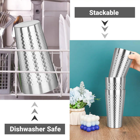 Rock Solid Double Wall Insulated Tumblers 19 Oz Set Of 8 Stackable Stainless Steel Cups in dishwasher and stacked on table.