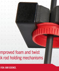 Close-up of Twist Lock Fishing Rod Rack for Wall Mount Stores Four Rods Black Finish with foam grip and twist mechanism