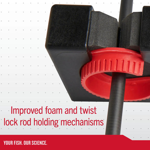 Close-up of Twist Lock Fishing Rod Rack for Wall Mount Stores Four Rods Black Finish with foam grip and twist mechanism