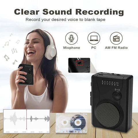 Woman using Portable Cassette Player And Tape Recorder With Cassette To MP3 Converter, AM FM Radio, USB Ready, Black Finish