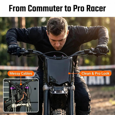 Front Number Plate For Electric Dirt Bikes With Dual Front Shock System Universal Fit For EBikes Like Surron Light Bee X Ridstar Q20 Tuttio Soleil 01 Yozma Macfox And More on a black e-bike front end