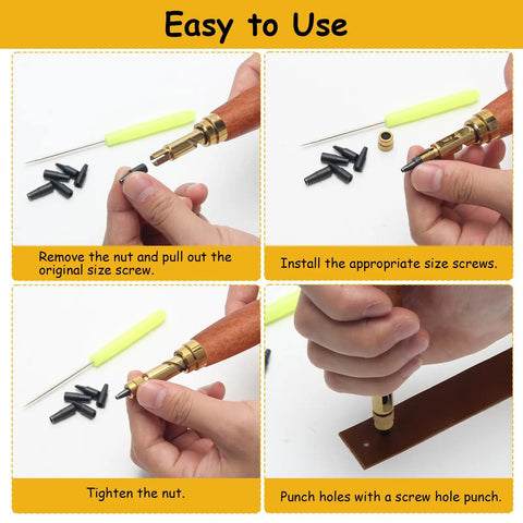 Heavy Duty Brass Leather Hole Punch With A Comfy Wooden Handle Ships Fully Loaded With Six Precision Drill Bits Plus Ruler And Needle For Tight Belt Crafting And Diy Grind That Demands Zero Sweat steps for use