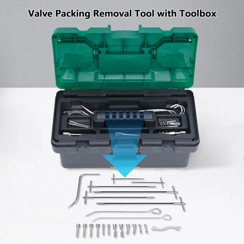 Pro Grade 23 Piece Packing Extractor Kit With Stainless Steel Removable Tips, tools displayed in durable open toolbox