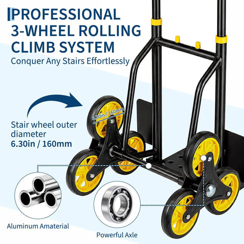 Stair Climbing Dolly For Heavy Loads with 3-wheel system, aluminum material, yellow wheels, rugged hand truck design.