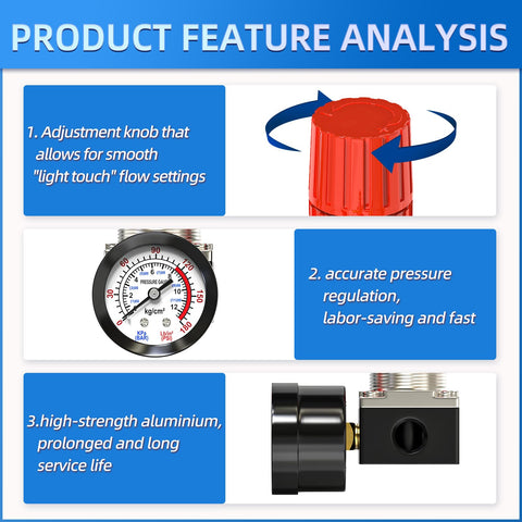Product feature analysis of One Quarter Inch Air Regulator With Gauge, highlighting adjustment knob, accuracy, and durability.
