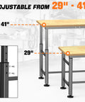 Adjustable Workbench With Rubberwood Top For Home Garage Heavy Duty Work Table Height Adjustable From 29 To 41 Inches