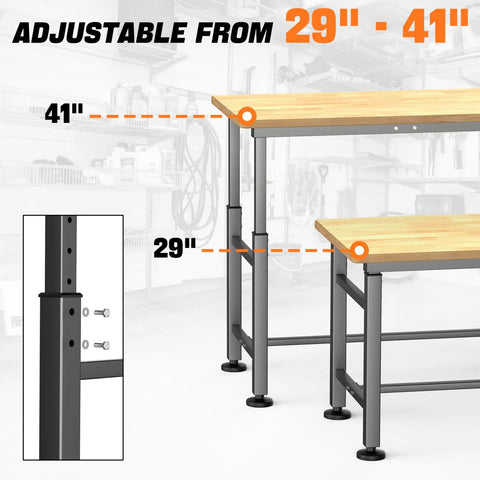 Adjustable Workbench With Rubberwood Top For Home Garage Heavy Duty Work Table Height Adjustable From 29 To 41 Inches