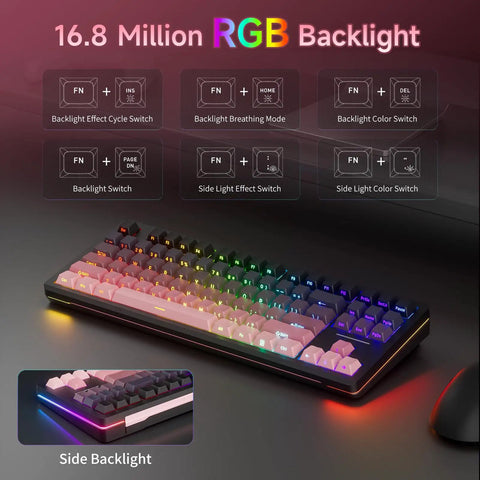 Q87 Tri Mode Wireless Gaming Mechanical Keyboard Serving Bluetooth And Two Point Four Gigahertz Links Fast Hot Swap Switches With Fiery Rgb Backlighting And Slick Dark Sweetie Drip, showing RGB keys and side backlight.