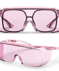 Anti Fog Safety Goggles For Men And Women With Blue Light Blocking UV Protection Dust Resistant Coating Scratch Resistant Lenses Pink Frame Unisex Eyewear For Work Home Or Travel Clear Vision And All Day Comfort, showing two angles of pink frame goggles with oversized lenses.