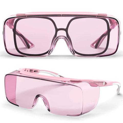 Anti Fog Safety Goggles For Men And Women With Blue Light Blocking UV Protection Dust Resistant Coating Scratch Resistant Lenses Pink Frame Unisex Eyewear For Work Home Or Travel Clear Vision And All Day Comfort, showing two angles of pink frame goggles with oversized lenses.