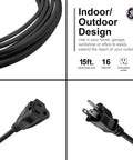 Outdoor Extension Cord 15 Feet Grounded Heavy Duty 16 AWG 3 Prong ETL Listed Black for indoor outdoor use display