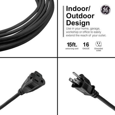 Outdoor Extension Cord 15 Feet Grounded Heavy Duty 16 AWG 3 Prong ETL Listed Black for indoor outdoor use display