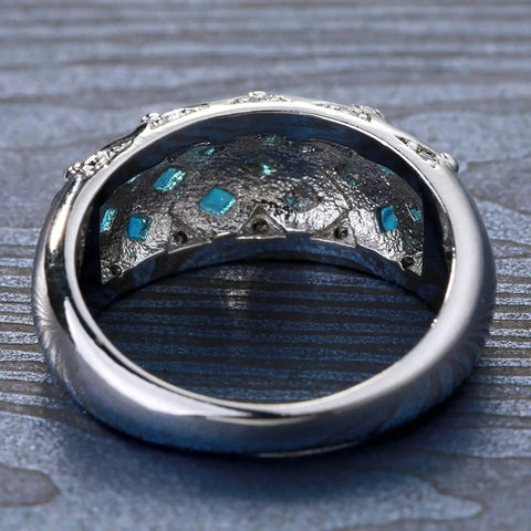 Womens Silver Plated Promise Ring With Blue Asscher Cubic Zirconia Grid Pave Design Size 10 interior view with blue accents.