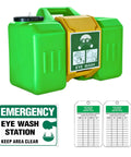 Portable Eye Wash Station With Wall Mount OSHA Approved Emergency Eye Wash Unit Includes Sign And Two Inspection Tags First Aid Units For Workplace Safety Job Site Ready 9 Gallon Bright Green, showing station, sign, and inspection tags.