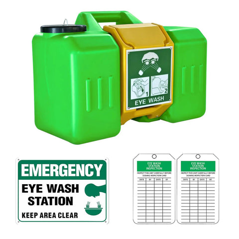 Portable Eye Wash Station With Wall Mount OSHA Approved Emergency Eye Wash Unit Includes Sign And Two Inspection Tags First Aid Units For Workplace Safety Job Site Ready 9 Gallon Bright Green, showing station, sign, and inspection tags.