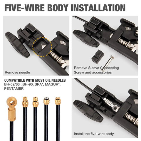 Hydraulic Disc Brake Hose Cutter And Driver 2 In 1 Bike Tool with close-up of installation steps and compatible oil needles.