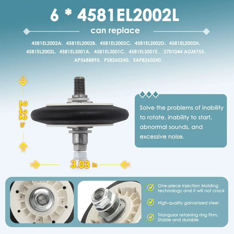 Dryer Drum Roller Kit Compatible With DLEX8100V DLGX9001V DLEX8000V tough galvanized steel roller with dimensions and details.