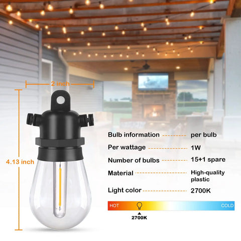 Outdoor LED String Lights 48ft Waterproof Patio Party Lights With Shatterproof Bulbs IP65 shown with bulb dimensions and specs