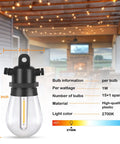 Close-up of an LED bulb from Outdoor LED String Lights 96 Ft Shatterproof And Waterproof IP65 With Replaceable Bulbs in a patio setting.