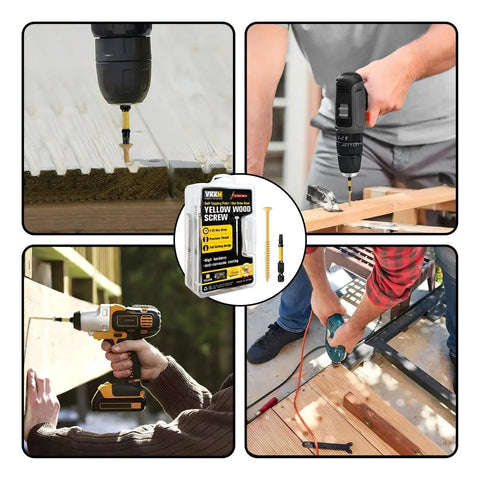 Pro Grade Size 10 X 2-1/2 Inch Yellow Star Drive Wood Screws, 120 Pack Self Tapping Deck Screws With Free 50mm T25 Bit, No Pre Drill Needed, Quick Penetration For Lumber, Heavy Duty Woodworking Kit with power tools and packaging