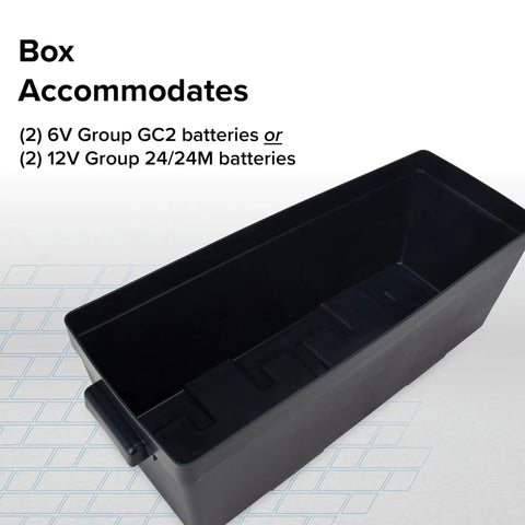 Heavy Duty Double Battery Box Built For Rv And Motorhome Rigs features space for 2 six-volt or twelve-volt batteries, black polymer design.
