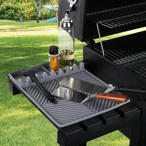 Griddle Mat For Outdoor Grills, Silicone Side Shelf Mat and Drip Pad, 16 by 11.5 Inches with utensils and spices, Gray