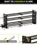 Power Tool Organizer Wall Mount With Four Layers And Eight Drill Holders Heavy Duty Cordless Drill Organizer For Your Garage Or Workshop Space Saving Rack In Black, metal frame with hooks and screws.