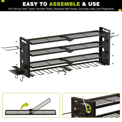 Power Tool Organizer Wall Mount With Four Layers And Eight Drill Holders Heavy Duty Cordless Drill Organizer For Your Garage Or Workshop Space Saving Rack In Black, metal frame with hooks and screws.