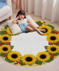 Non Slip Round Furniture Pad For Hardwood Floors With Printed Fabric Top and sunflowers, child sitting on the pad