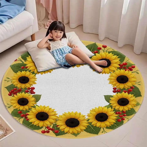 Non Slip Round Furniture Pad For Hardwood Floors With Printed Fabric Top and sunflowers, child sitting on the pad