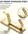 Ditch the Drill with These Heavy Duty Adhesive Towel Hooks for Bathroom 4 Pack Stainless Steel Wall Mounts that Hold Heavy Loads Super Easy Peel Stick Hangers for Shower Gear and Keys, close-up of rust-proof gold hook with water droplets.