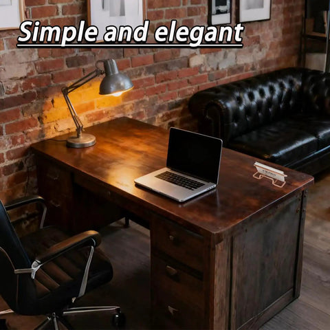 Rustic home office desk with a laptop, lamp, and Rose Gold Metal Card Holder For Desk, Sleek Card Organizer visible on top.