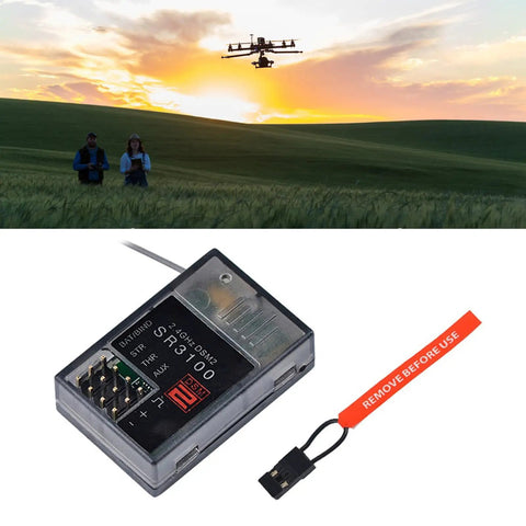 3.5V-9.6V 2.4GHz 3 Channel SR3100 Receiver for DSM2 drones and controllers shown with landscape and drone in background