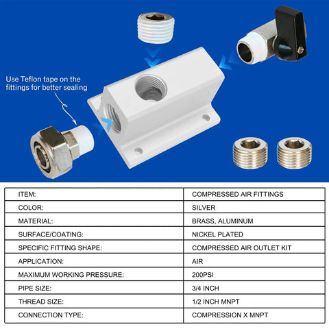 Three Quarter Inch Compressed Air Outlet Kit With Air Manifold And One Half Inch NPT Straight Fitting For Shop Air Line Systems