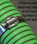 Close-up of a Pro Tie stainless hose clamp installed on a bright green hose; fits 1-1/16 to 2 inches