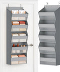 Five Tier Over The Door Hanging Storage Rack With Super Deep Pockets Absolute Game Changer For Cramped Dorm Rooms And RVs, Grey color, showcasing organized items.